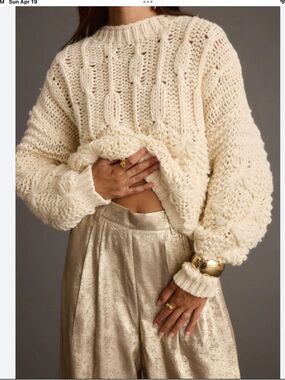 Zara Cream Cable-Stitch Crewneck Sweater Size M